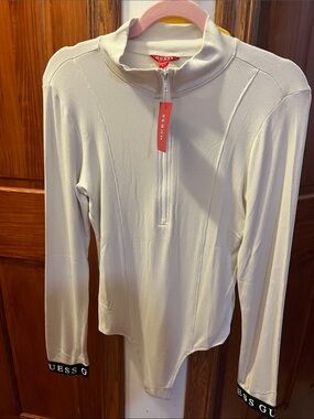GUESS Cream Ribbed Half-Zip Long-Sleeve Bodysuit